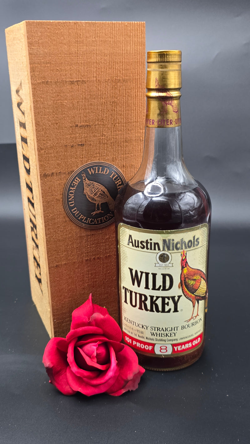 Wild Turkey 8-year 101 proof Liter, 88 on glass with wooden box