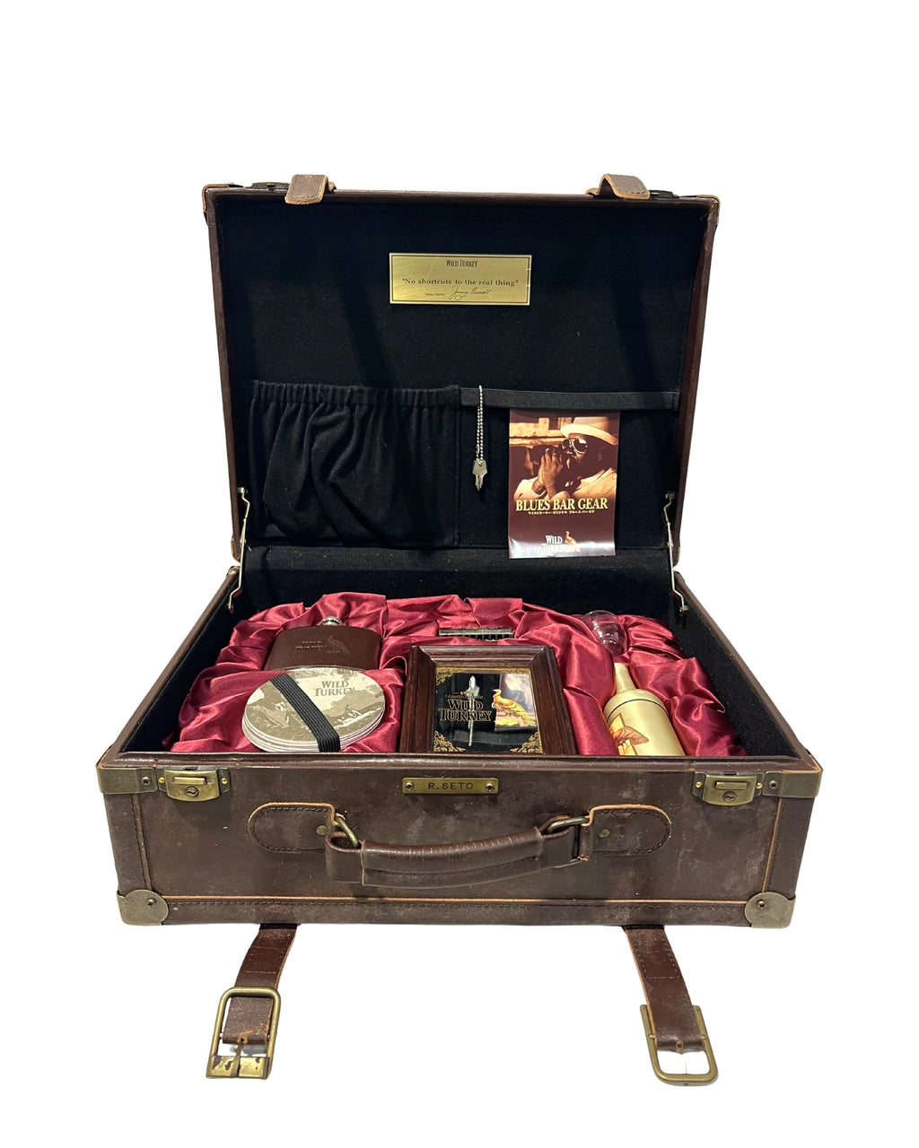 Wild Turkey Blues Bar Set Suitcase with coasters, shot glass, mirror, harmonica, flask, and cigarette holder (no alcohol included)
