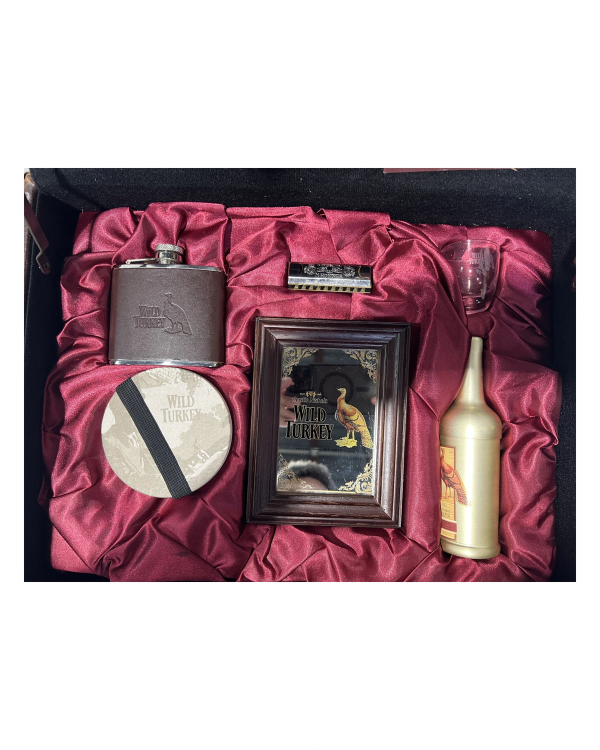 Wild Turkey Blues Bar Set Suitcase with coasters, shot glass, mirror, harmonica, flask, and cigarette holder (no alcohol included)