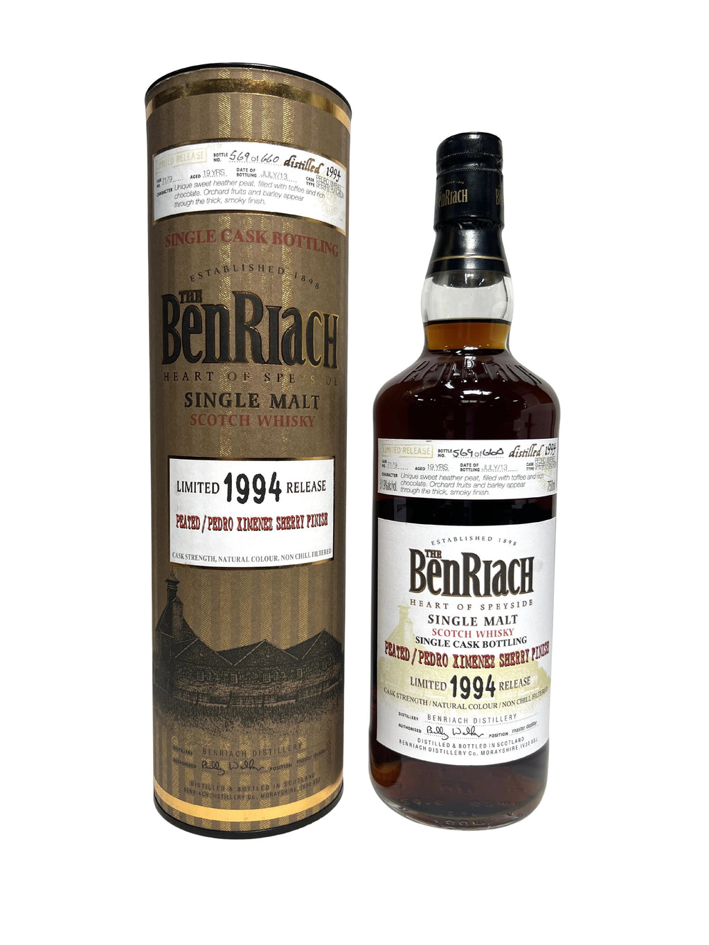 BenRiach Single Cask Peated / Pedro Ximenez Sherry Finish 1994–2013 -bottle front