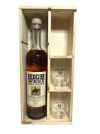 High West Rendezvous Rye 2019 with gift box and glasses -bottle front