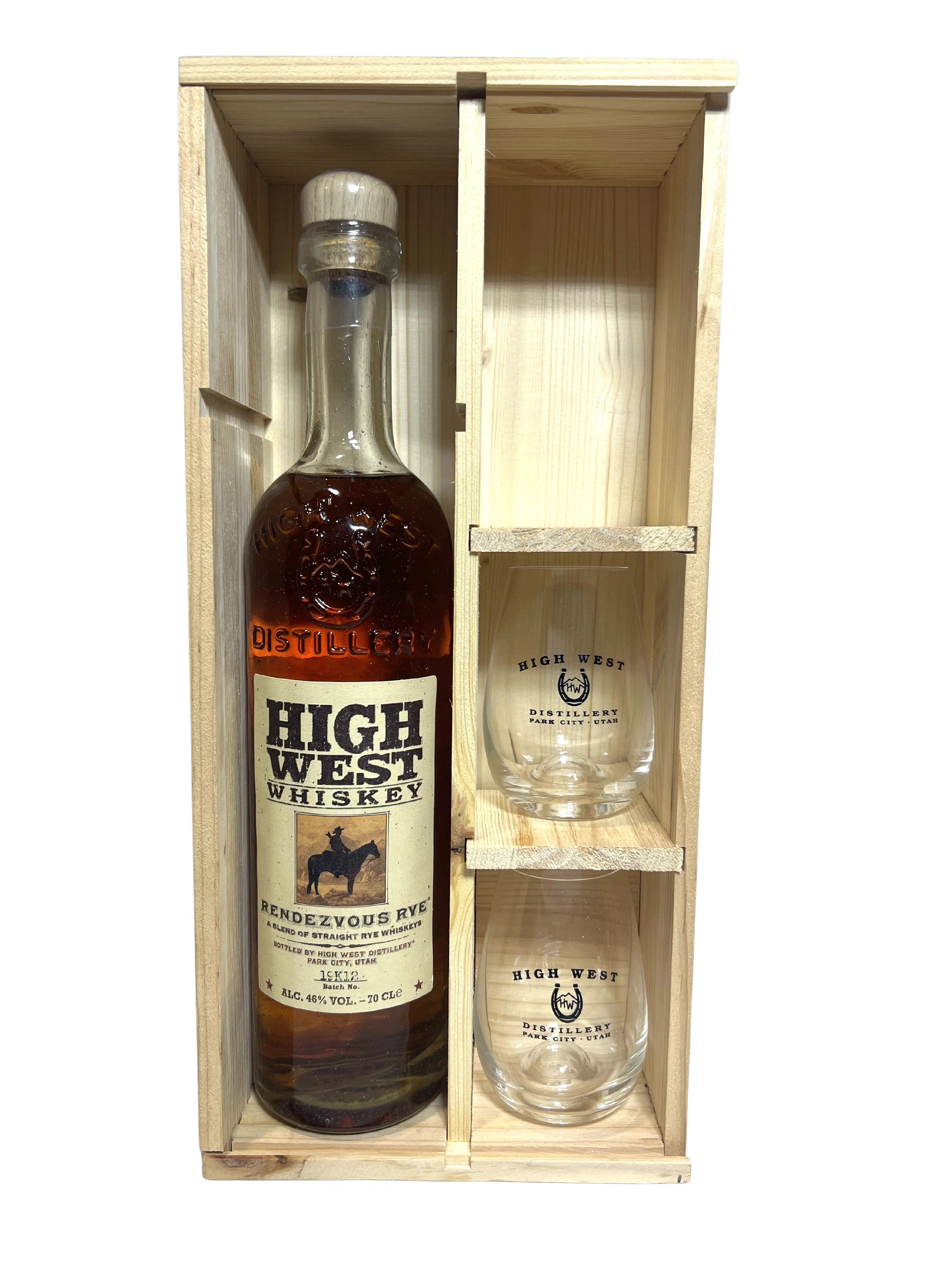 High West Rendezvous Rye 2019 with gift box and glasses -bottle front