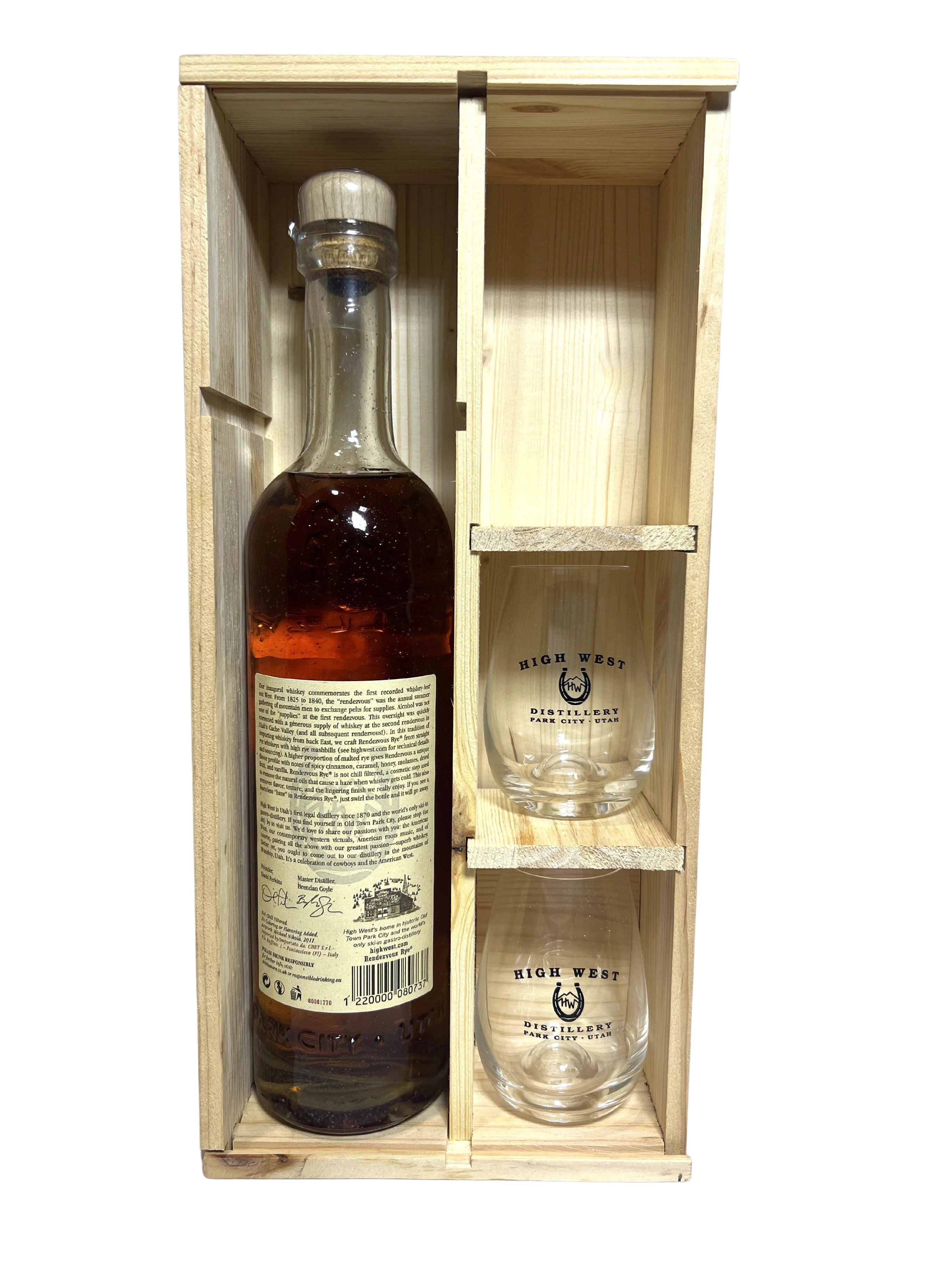 High West Rendezvous Rye 2019 with gift box and glasses -bottle back