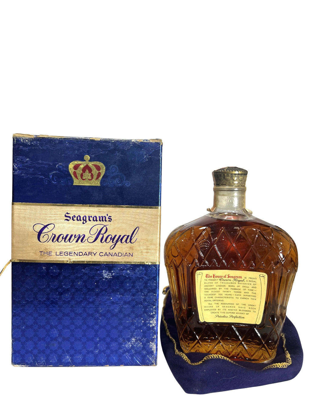 Crown Royal 1958 with bag and box -bottle back