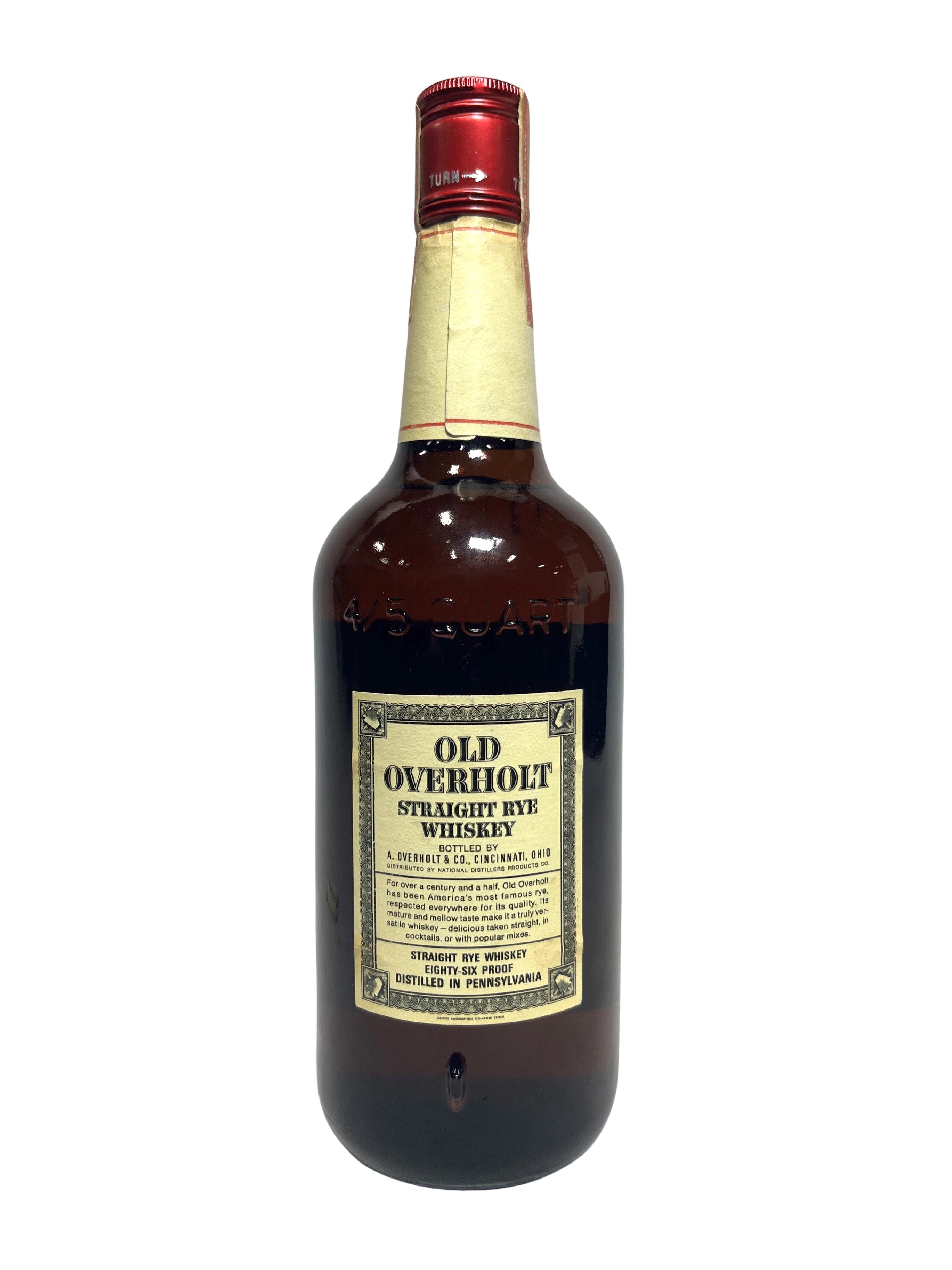 Old Overholt Straight Rye 1972 PA distilled (National Distillers) -bottle back