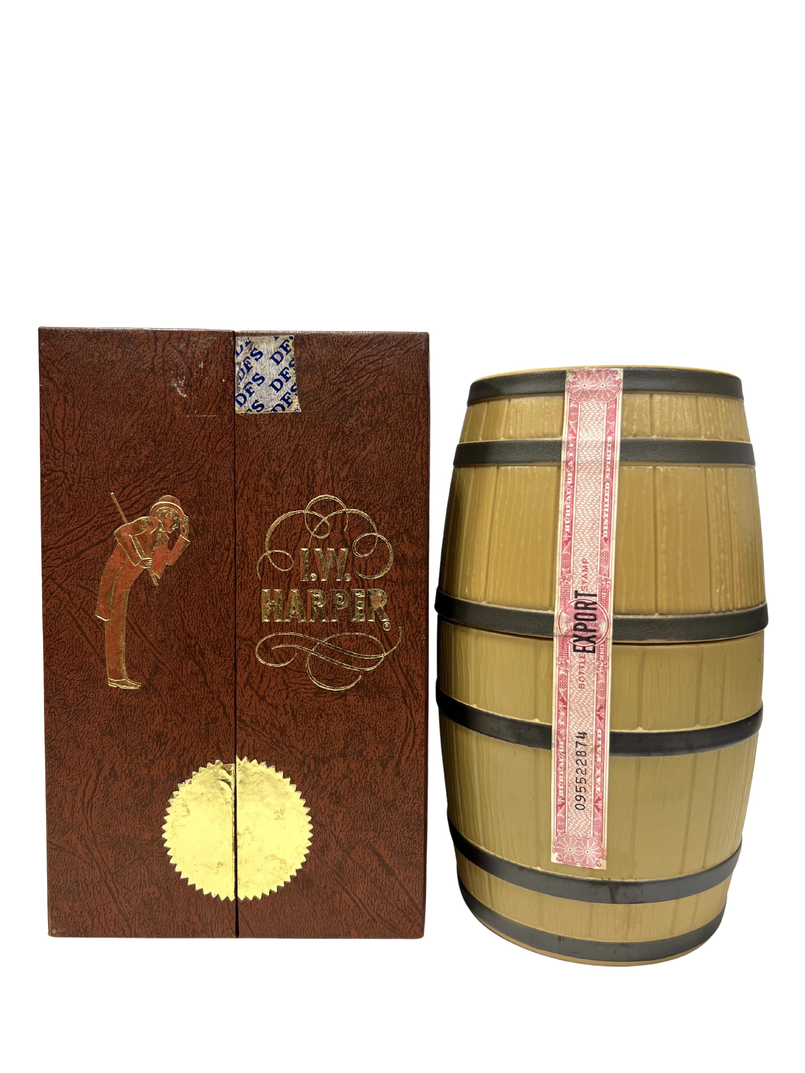 I.W. Harper mini-barrel decanter -bottle back