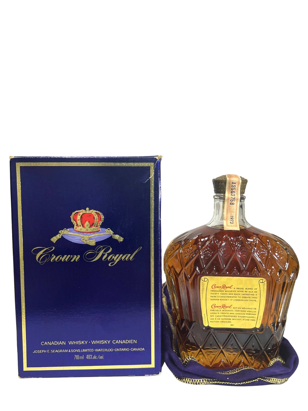 Crown Royal 1973 710ml with bag and box -bottle back