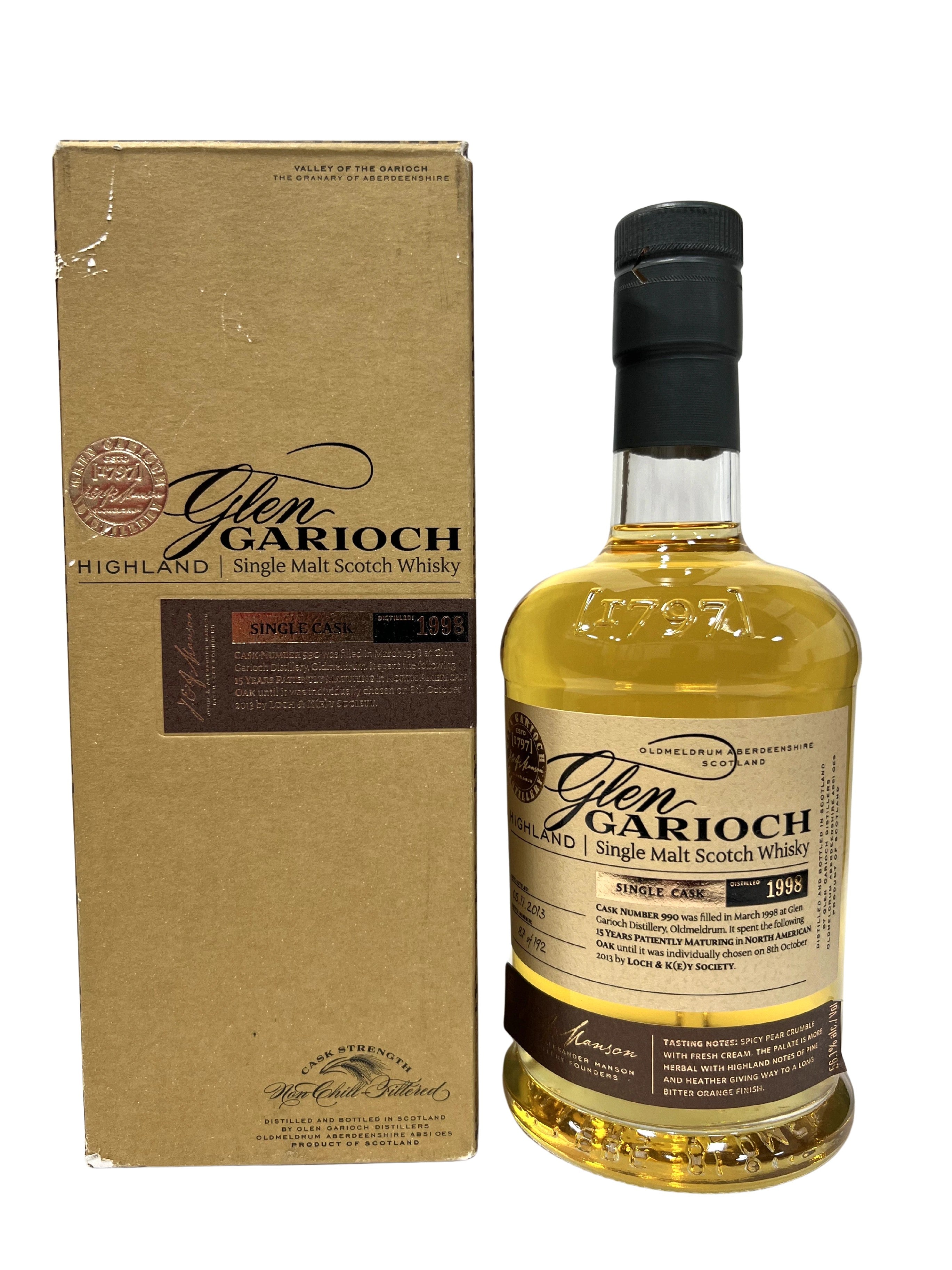 Glen Garioch 15 Single Cask 2013 for Loch & Key -bottle back