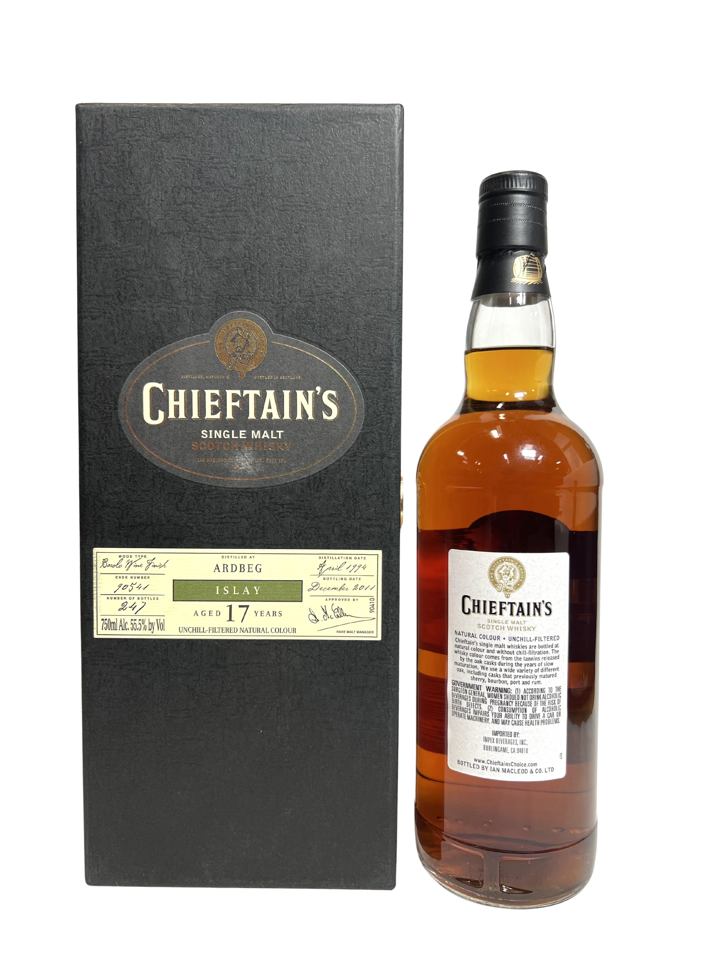Chieftain's Ardbeg 17-year Barolo Cask 2011 -bottle back
